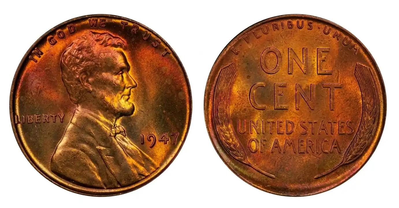Ultra-detailed 1947 Lincoln cent with visible red-brown toning