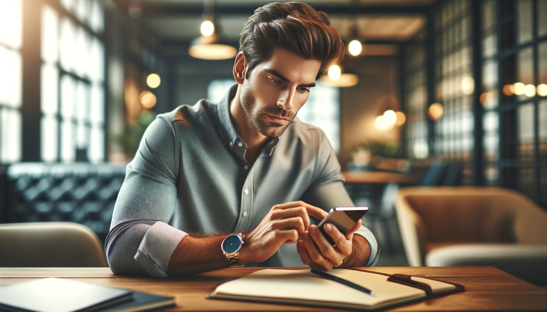 a man working intently on his smartphone. The setting is a modern, well-lit environment, a cafe or a co-working space, that reflects a productive atmosphere.