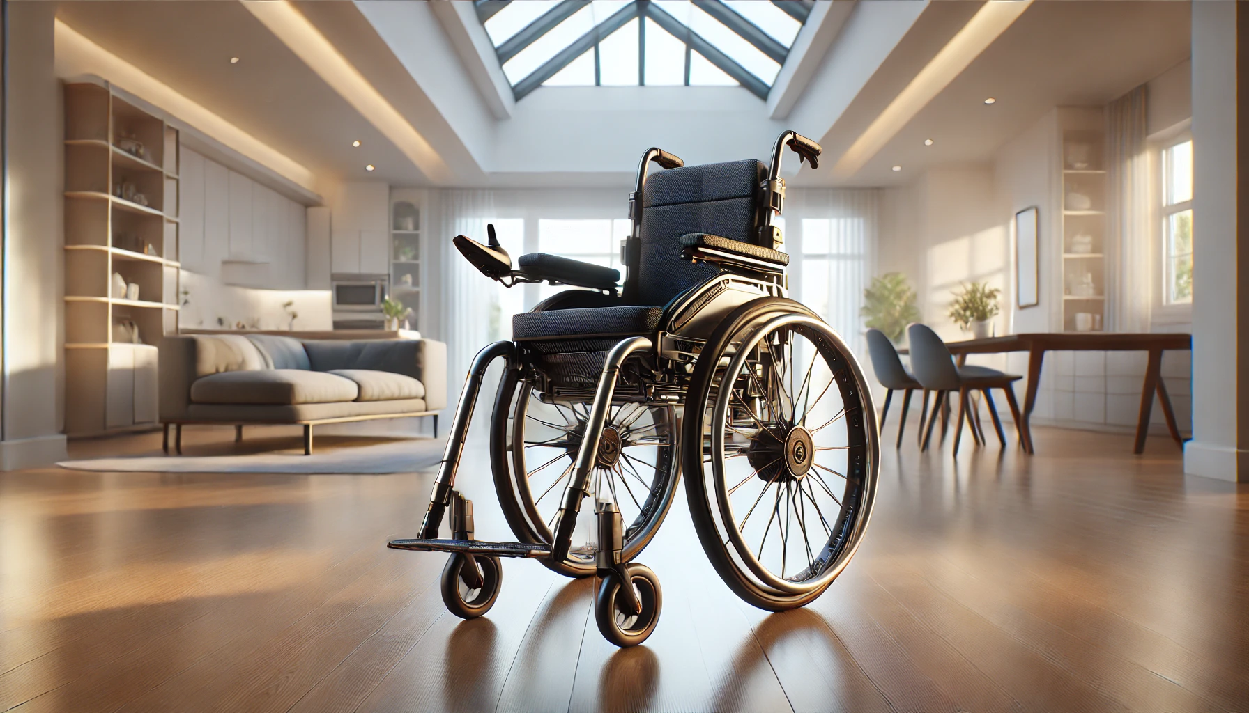 a modern wheelchair designed for enhanced mobility and independence. The wheelchair should be shown in a spacious, well-lit indoor setting, emphasizing its sleek design and advanced features. 