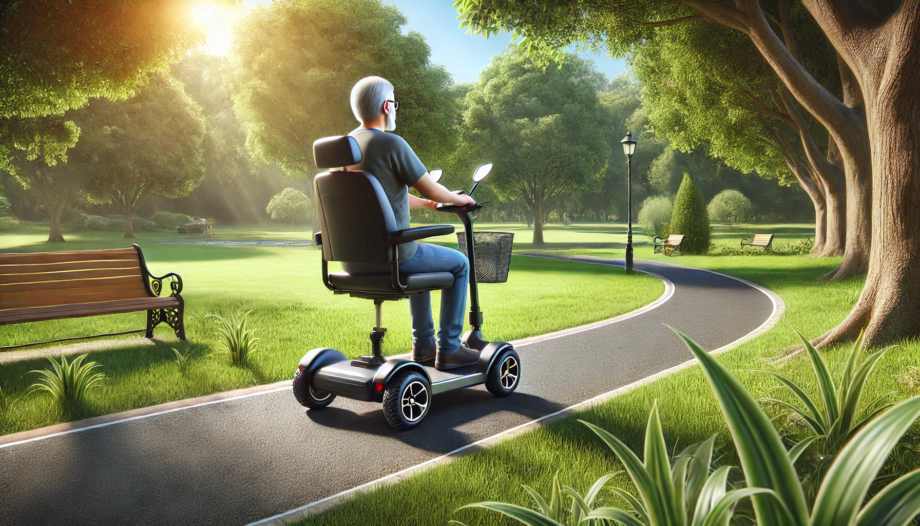 a mobility scooter in a park, demonstrating its use for outdoor activities. The scene includes a user navigating the scooter along a paved park path, surrounded by lush green trees and grass.