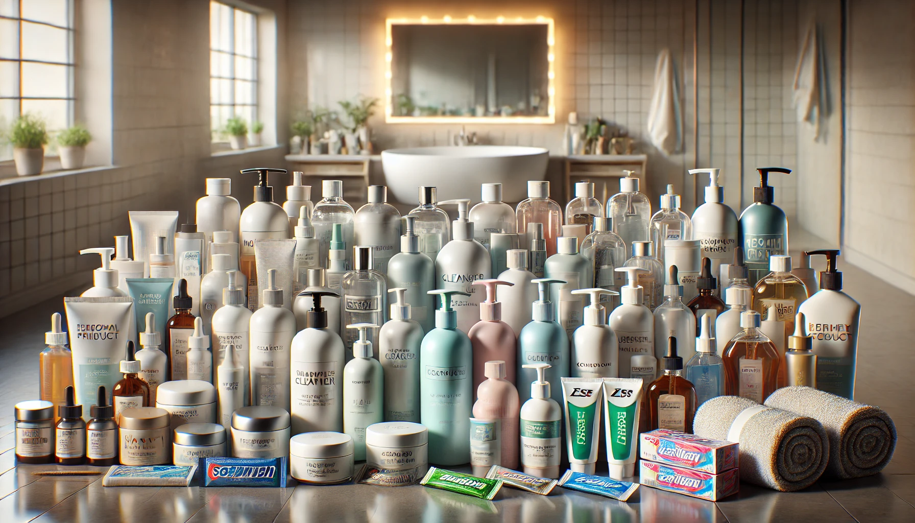 a wide array of personal care products organized on a bathroom counter. This scene captures various items essential for maintaining hygiene and health at home.