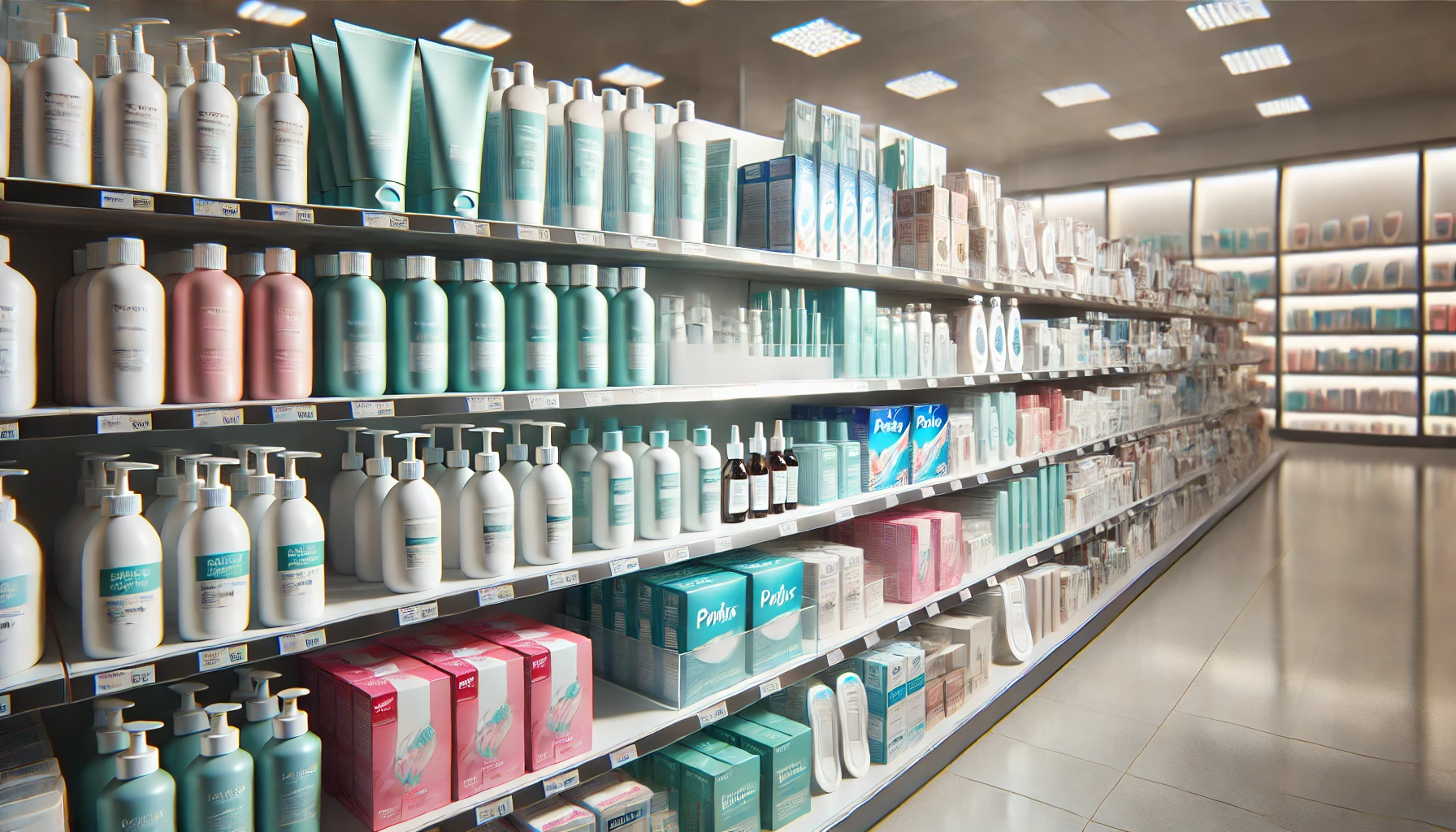 Various personal care products arranged on a store shelf.