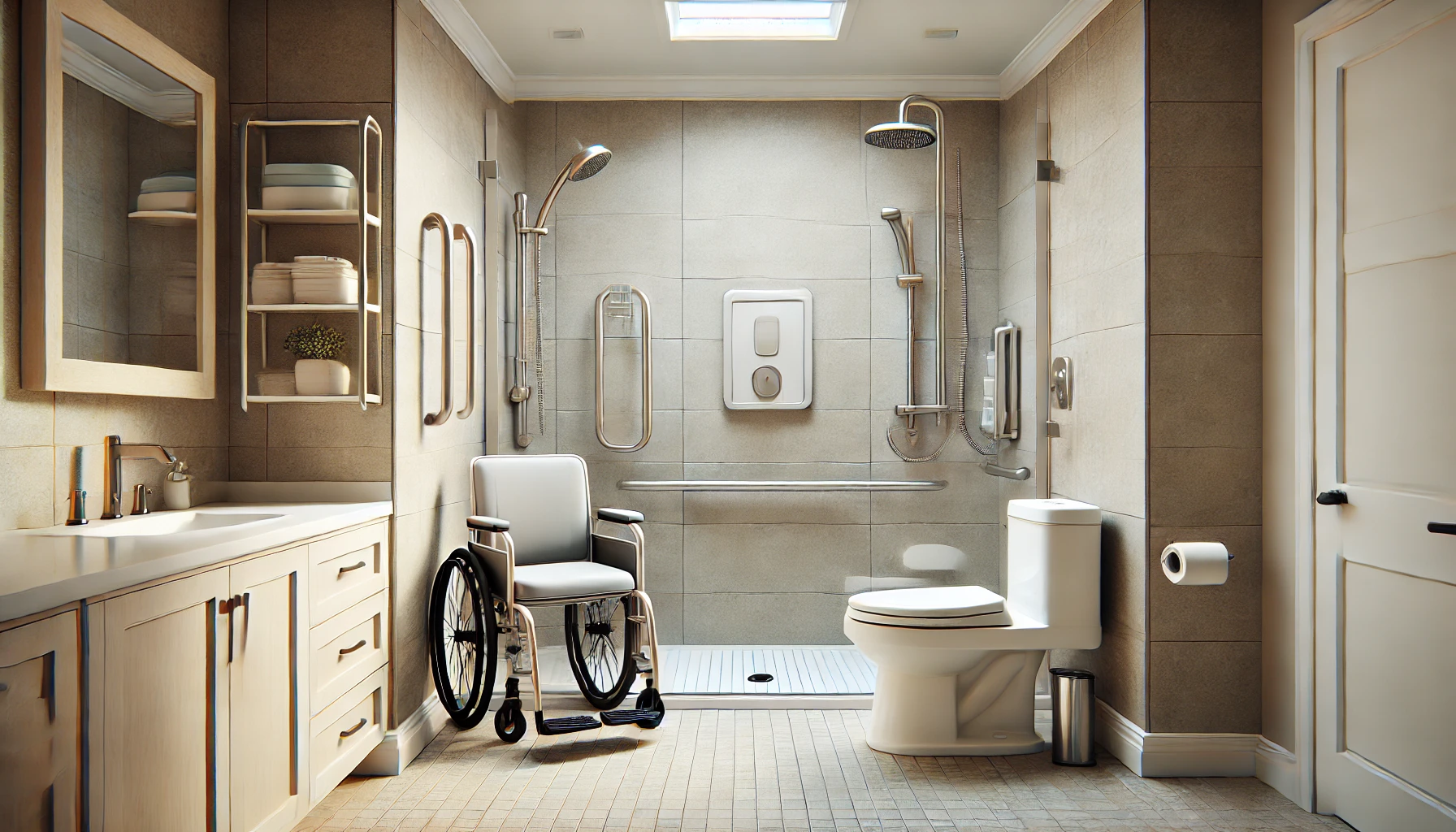 a modern bathroom equipped with various safety features for individuals with mobility issues, showing grab bars installed near the toilet and in the shower area, a shower chair positioned inside a walk-in shower, and a toilet seat riser attached to a standard toilet.