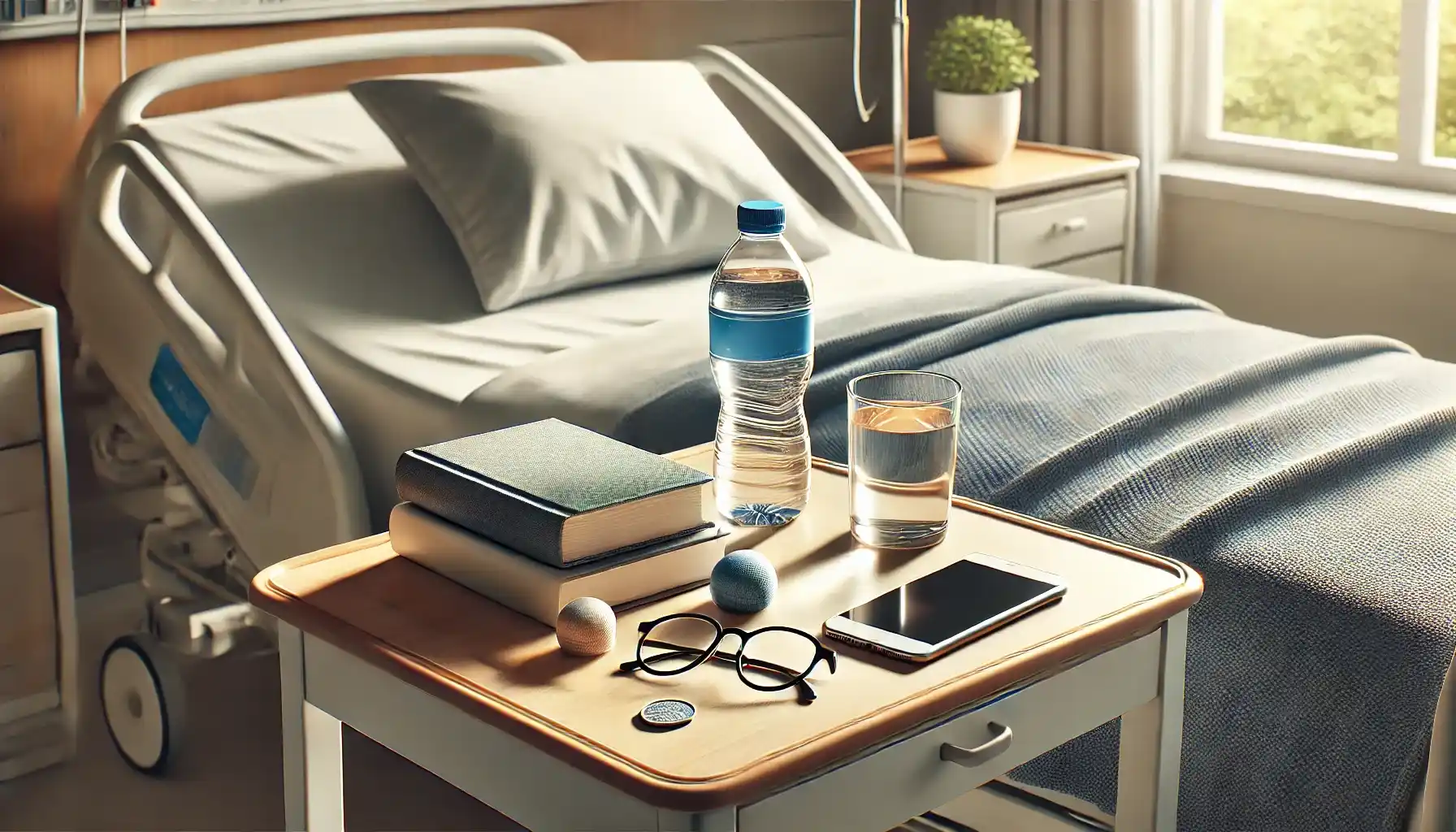 A hospital bedside table with essential items for a long stay.