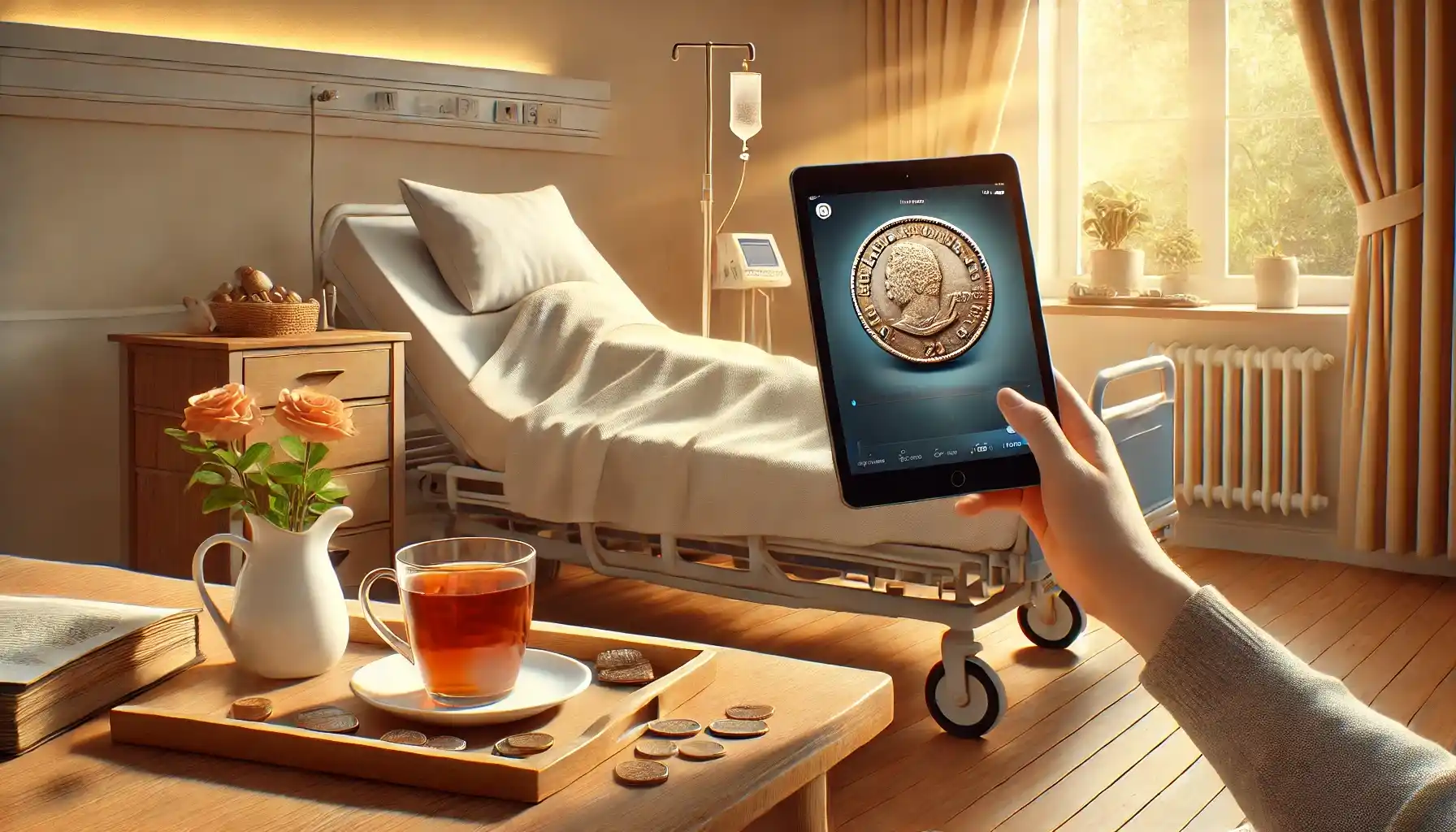 A hospital room where a patient is comfortably sitting in bed using a tablet with the app for coin identification.