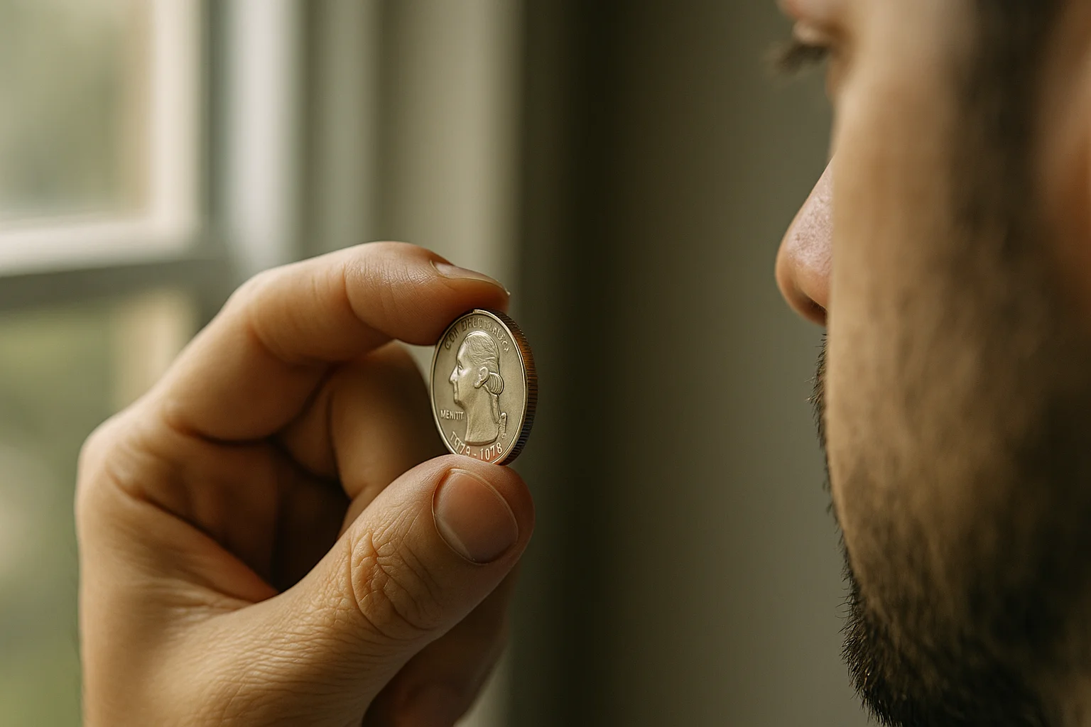 A collector examines a Bicentennial quarter by its edge in soft window light to distinguish a silver issue from a standard copper-nickel clad coin.