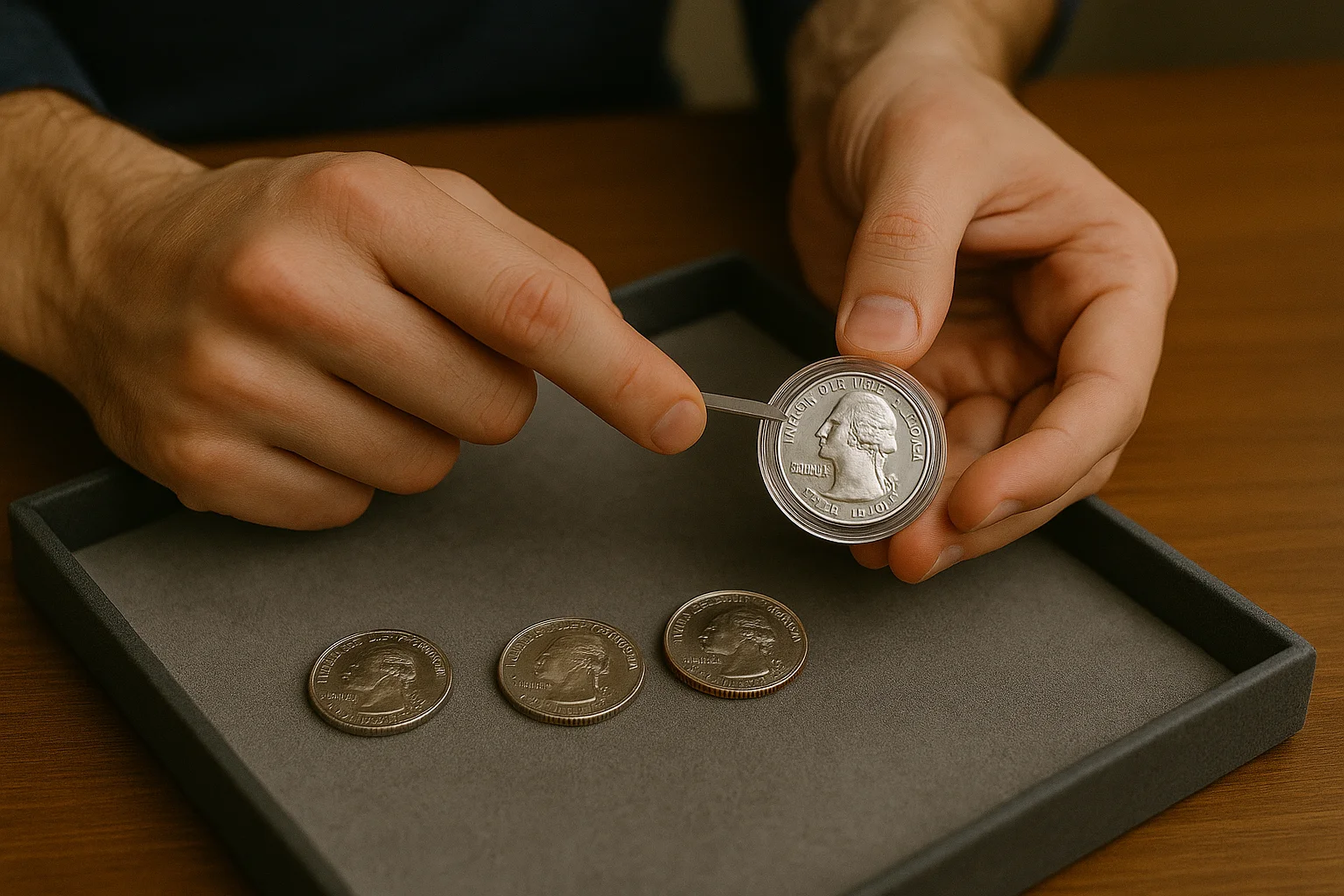 A person transfers a Bicentennial quarter into a capsule while comparing three examples side-by-side in worn, average, and near-mint condition to evaluate surface preservation.