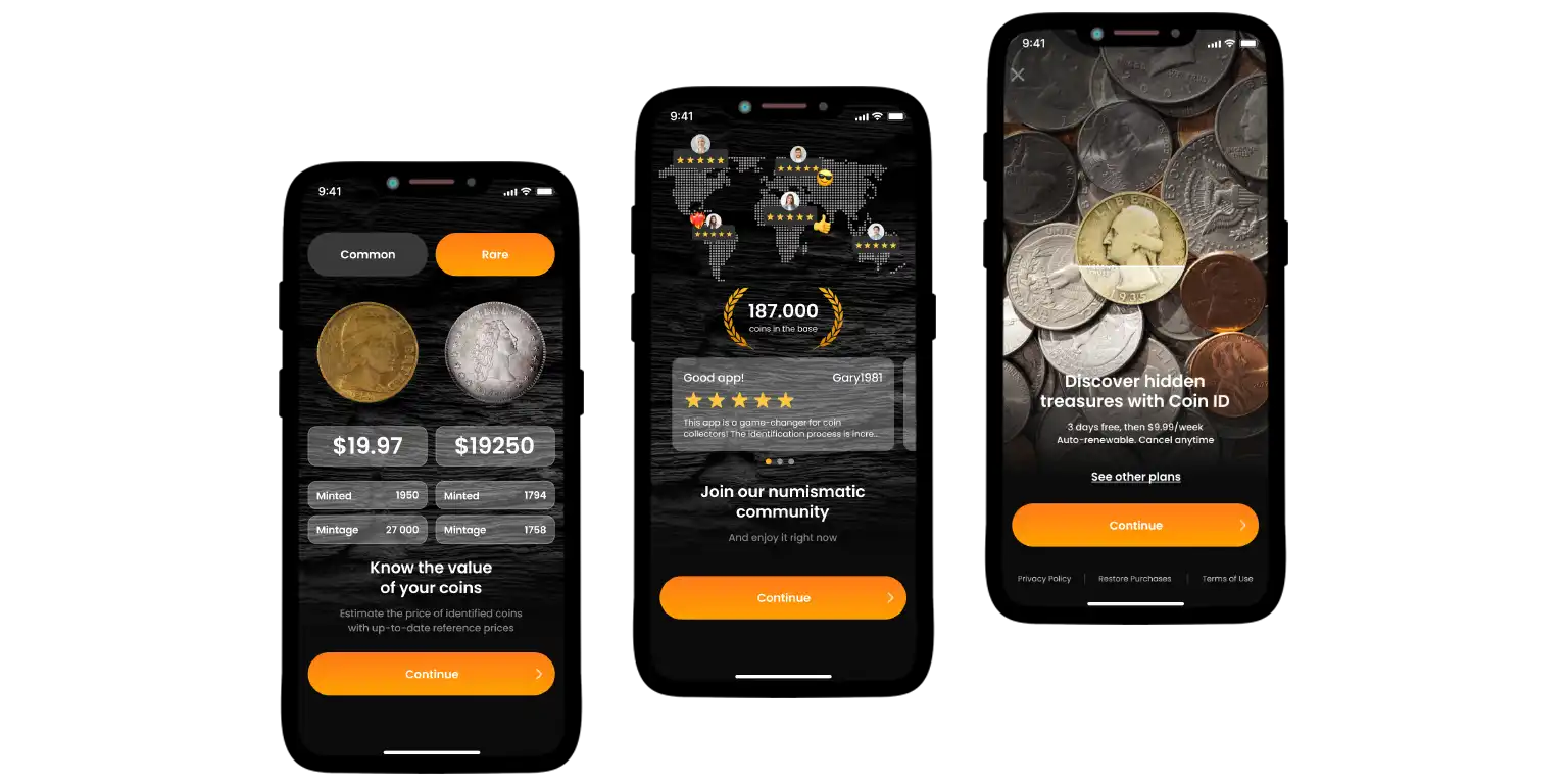 A screen with the Coin ID Scanner key features